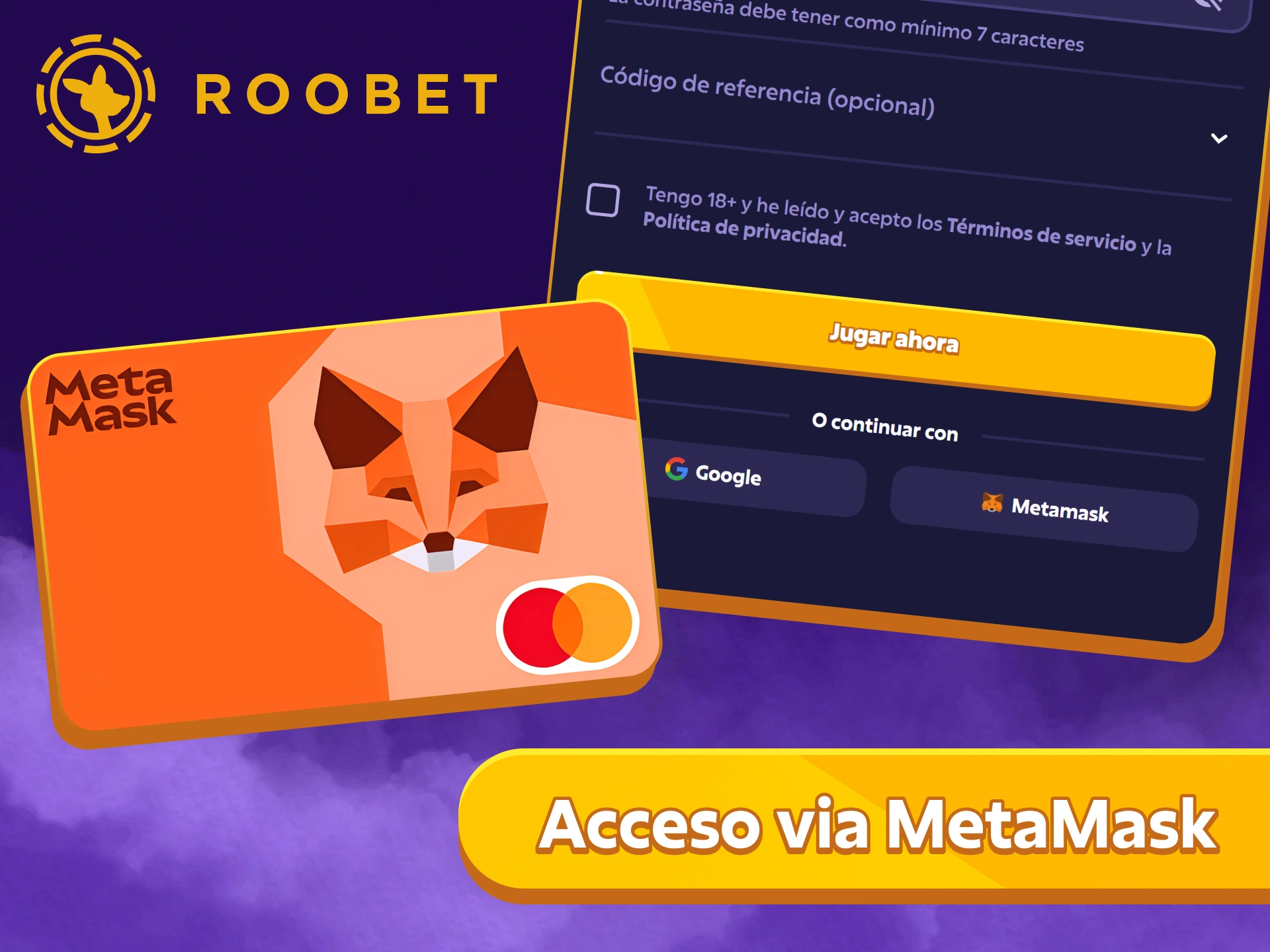 Regístrate en Roobet app utilizando MetaMask.