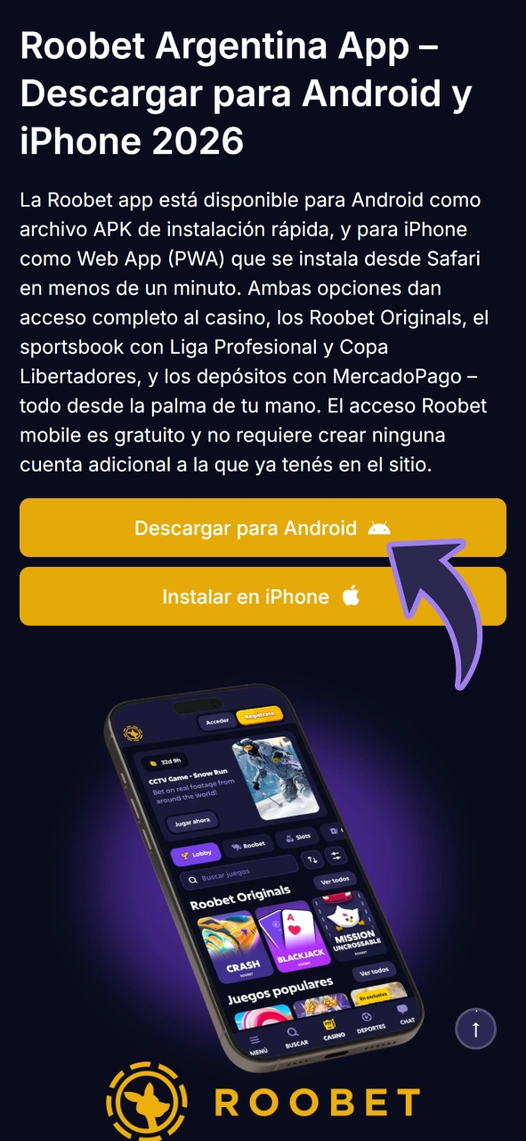 Abra el sitio web de Roobet desde esta página para obtener la aplicación RWA de Android.