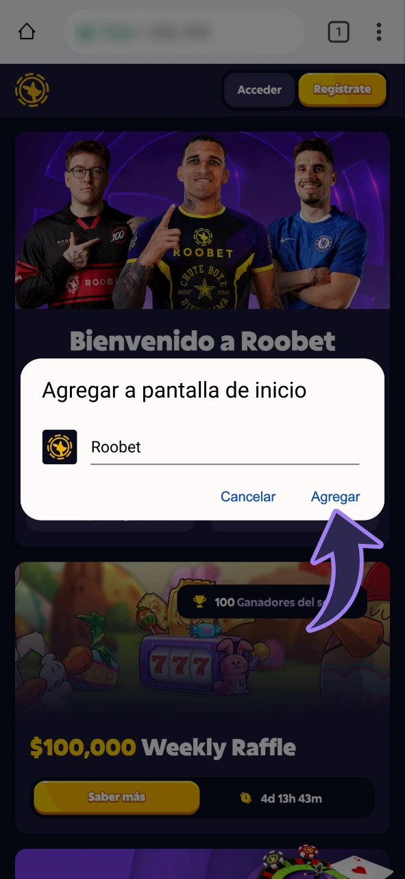 Agregue la aplicación PWA de Android Roobet a la pantalla de inicio.