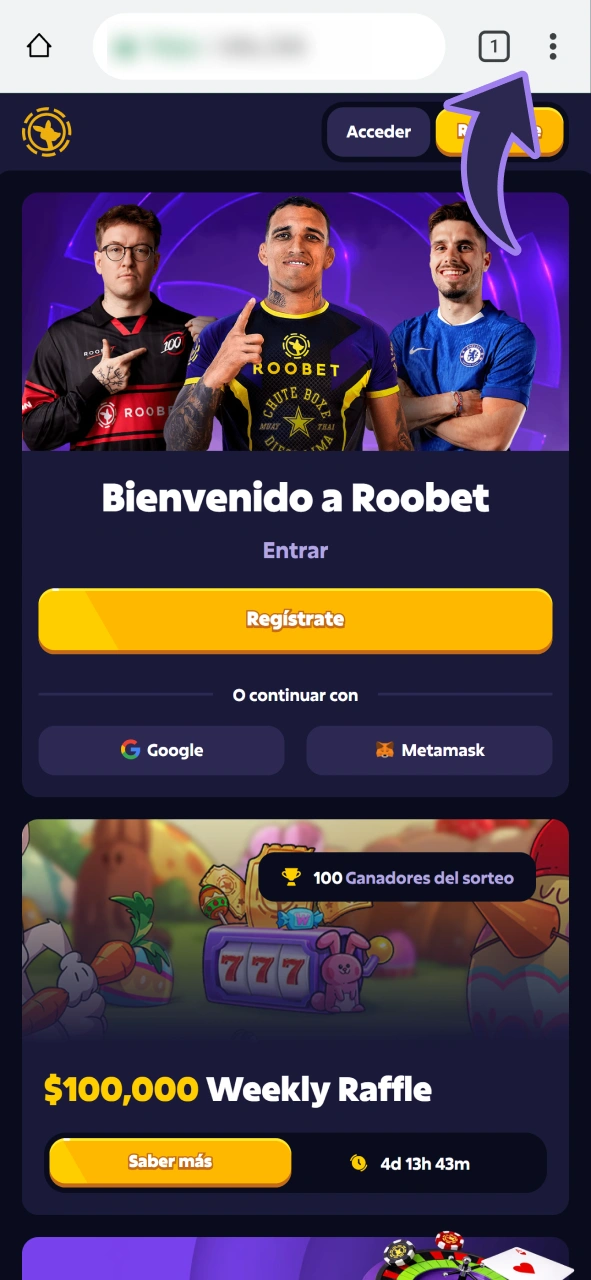 Abre la configuración de Chrome en el sitio web de Roobet para obtener la aplicación PWA para Android.