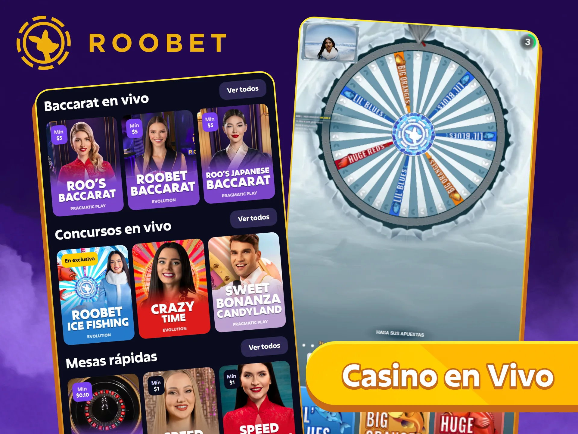 Juega a juegos de casino en vivo en la aplicación PWA de Roobet.