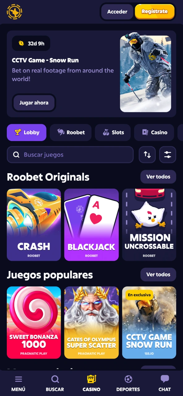 Prueba diferentes juegos de casino en la aplicación Roobet.