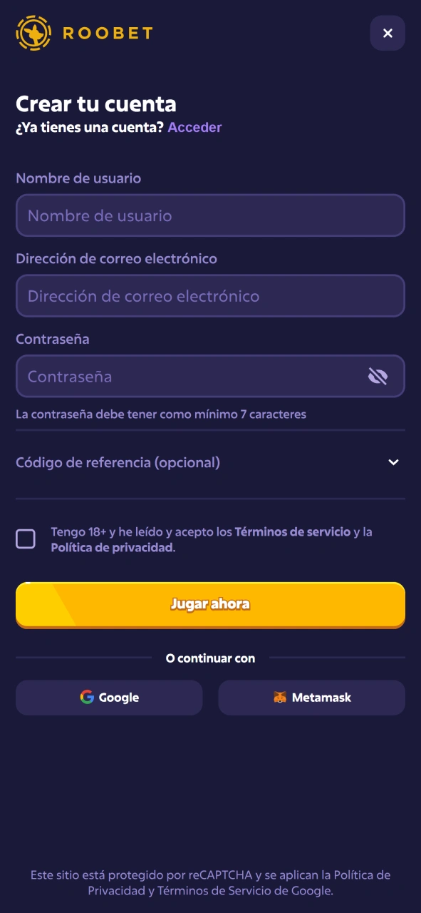 Crea tu cuenta en pocos toques con la aplicación Roobet.