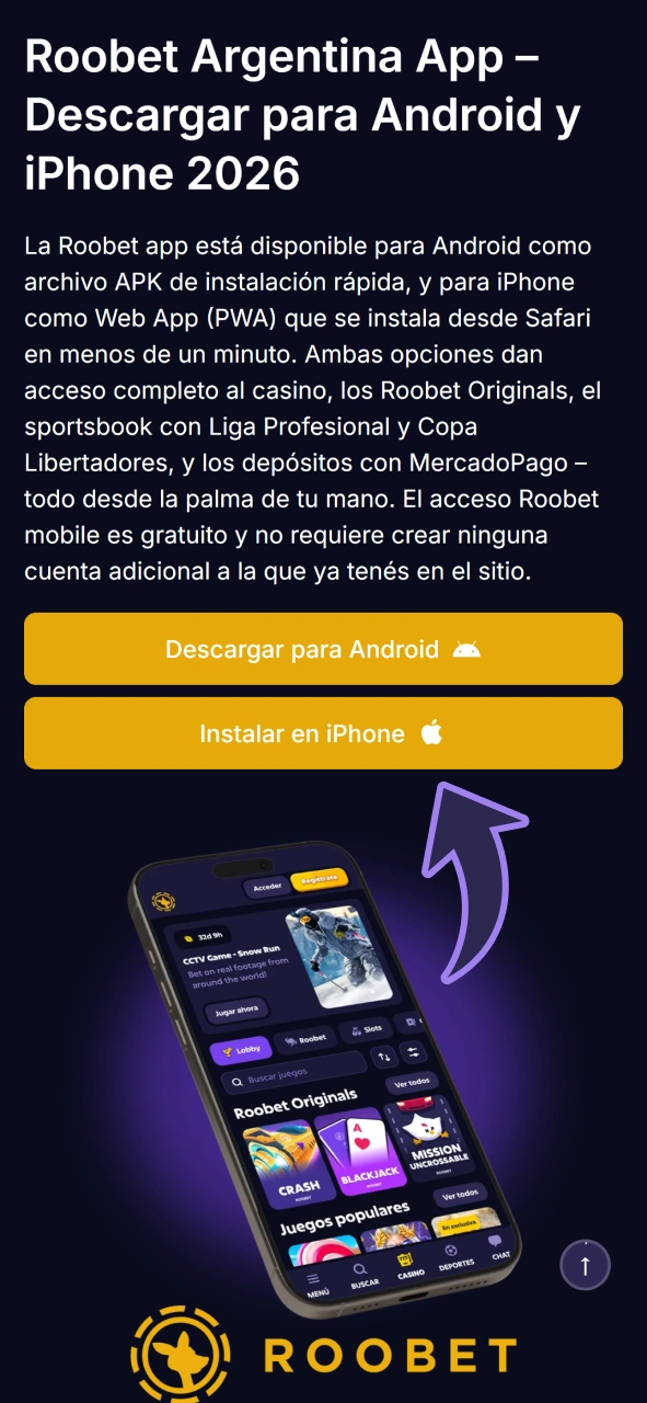 Abra el sitio web de Roobet desde esta página para obtener la aplicación RWA de iOS.
