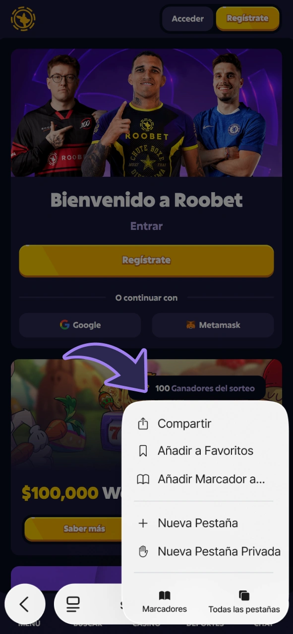 Haz clic en el botón Compartir para obtener la aplicación PWA de Roobet para iOS.