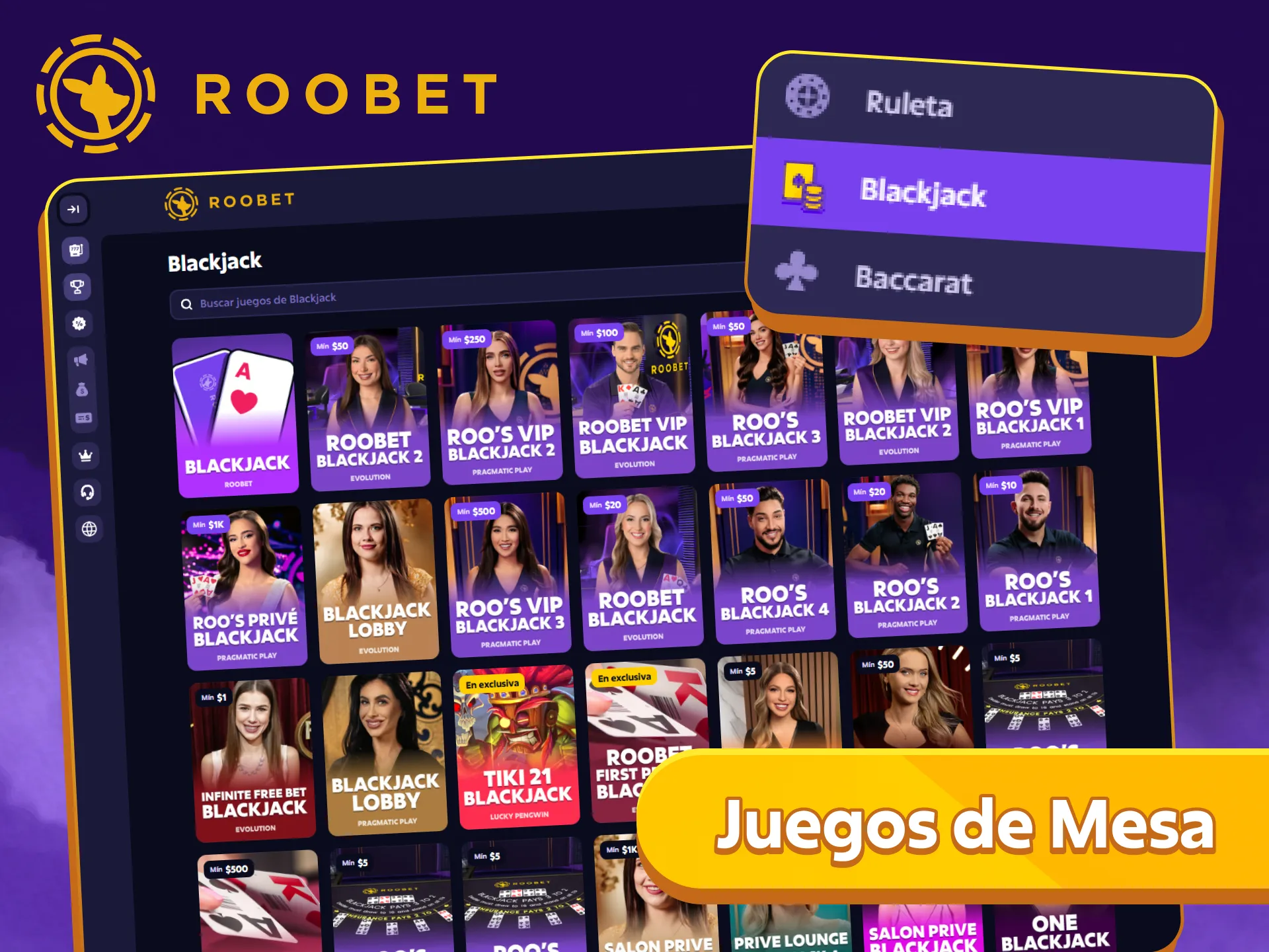 Jugá al póker, blackjack y baccarat en nuestra sección de Juegos de Mesa en Roobet.