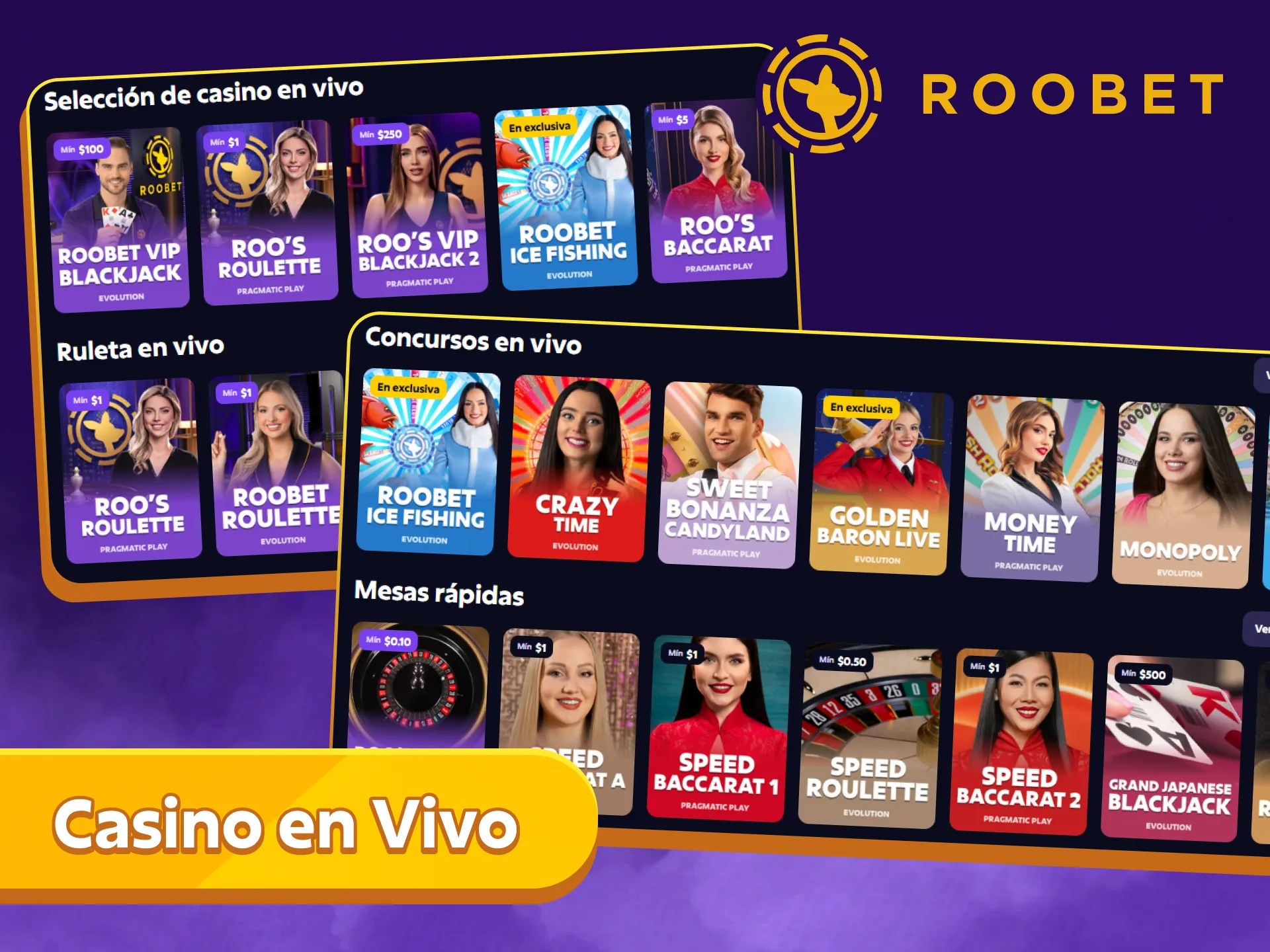 Sentí la emoción de un casino real con crupieres reales en el Casino en Vivo de Roobet.