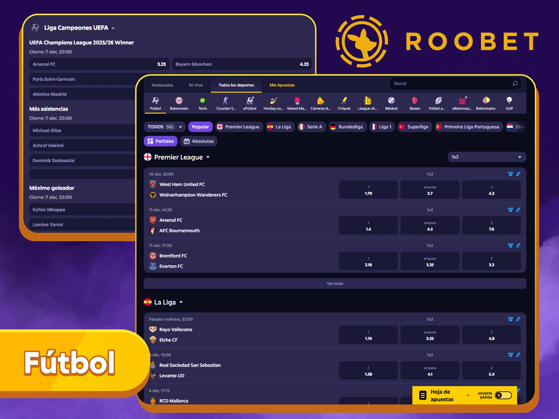 Apostá en el Fútbol Argentino y Global con mercados actualizados minuto a minuto en Roobet Sportsbook.