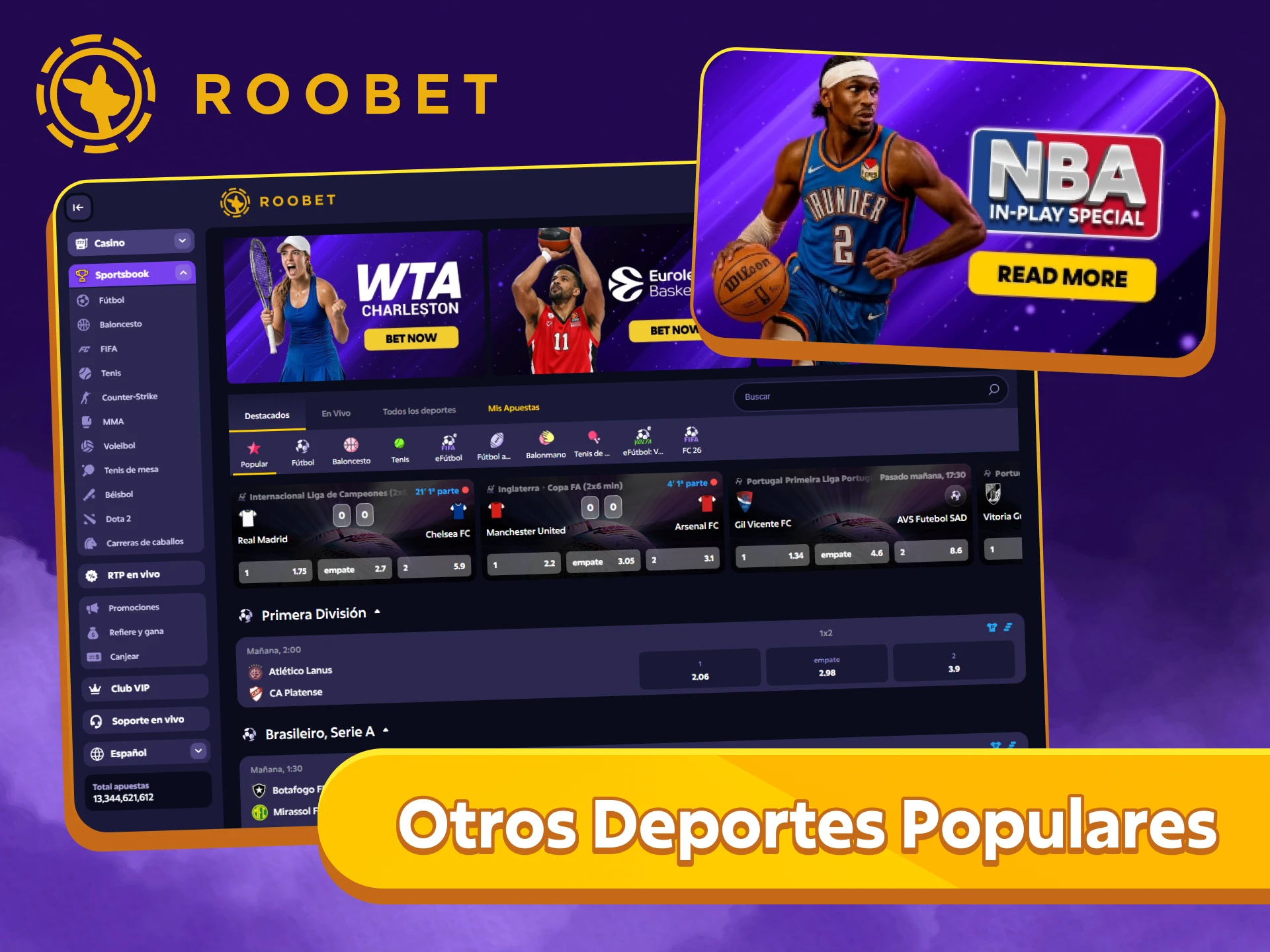 Encontrá Otros Deportes Populares como rugby, boxeo y tenis en Roobet.