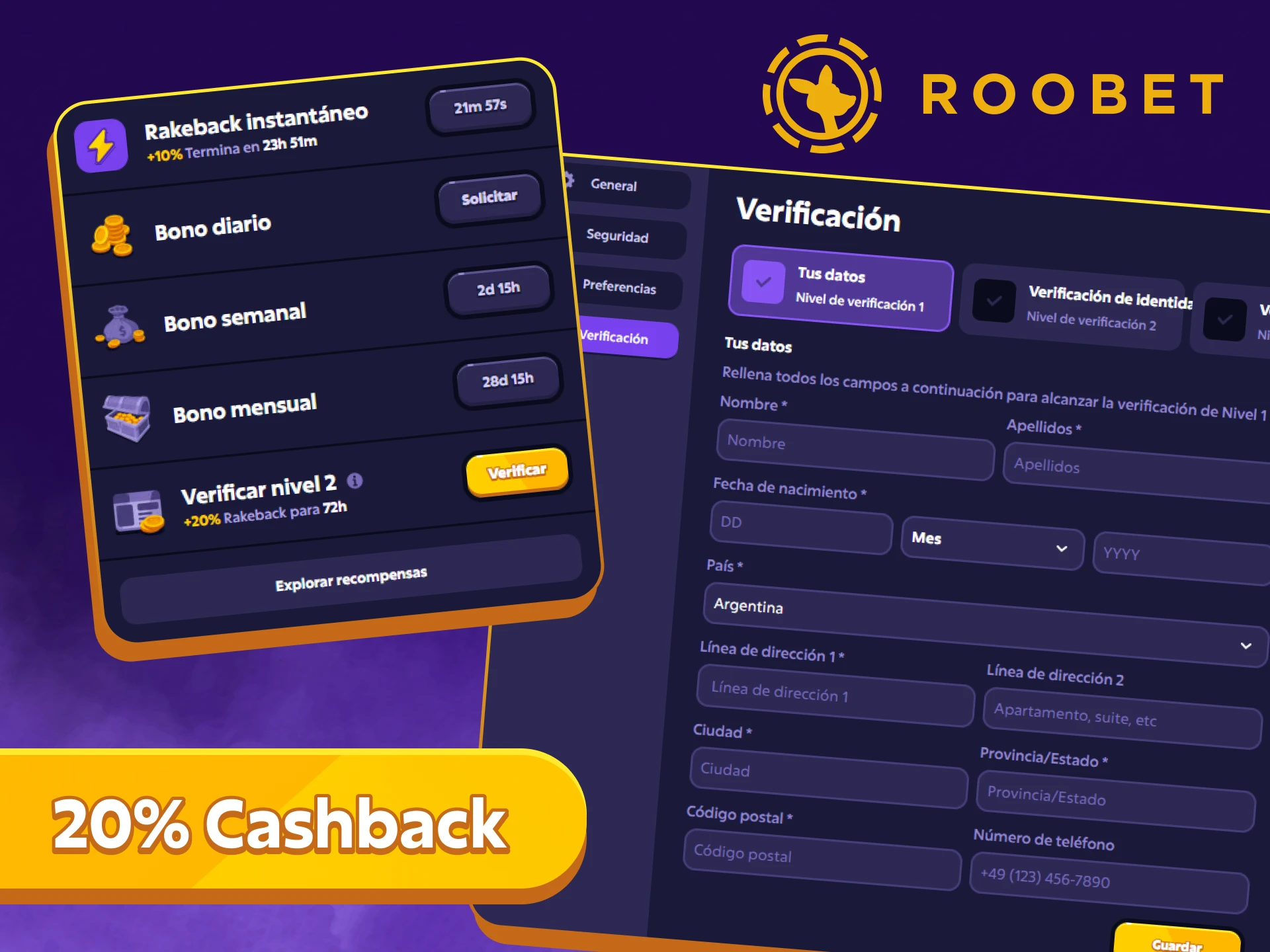 Verifica tu cuenta y obtén un 20% de reembolso en Roobet Casino.