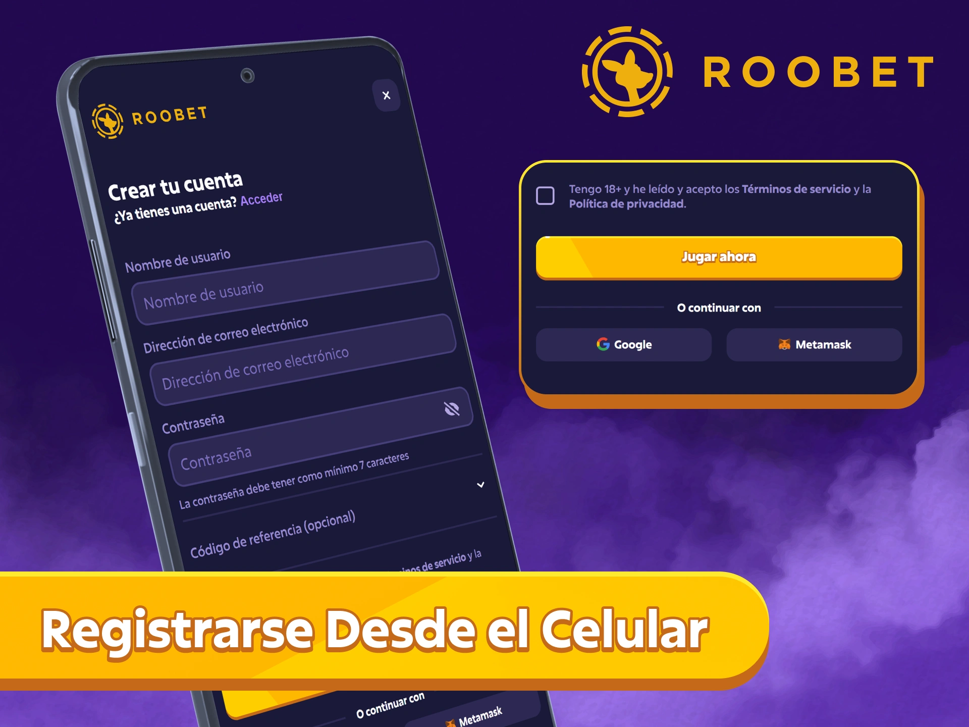 Crea una cuenta desde la aplicación móvil PWA Roobet del mismo modo que en el ordenador.