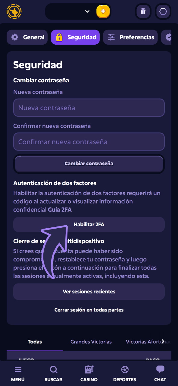 Protege tu cuenta de Roobet con la autenticación de dos factores (2FA) después del registro.