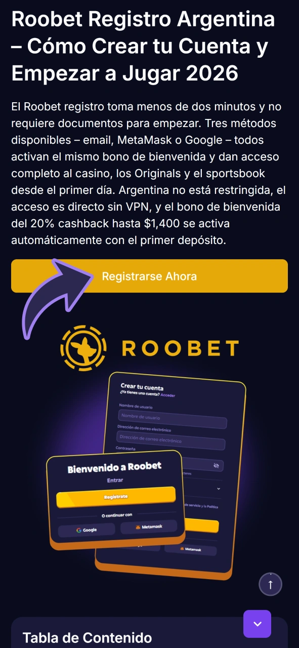 Abra el formulario de registro de Roobet desde esta página.