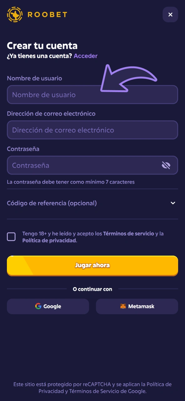 Rellena todos los campos de registro para crear tu cuenta de Roobet.