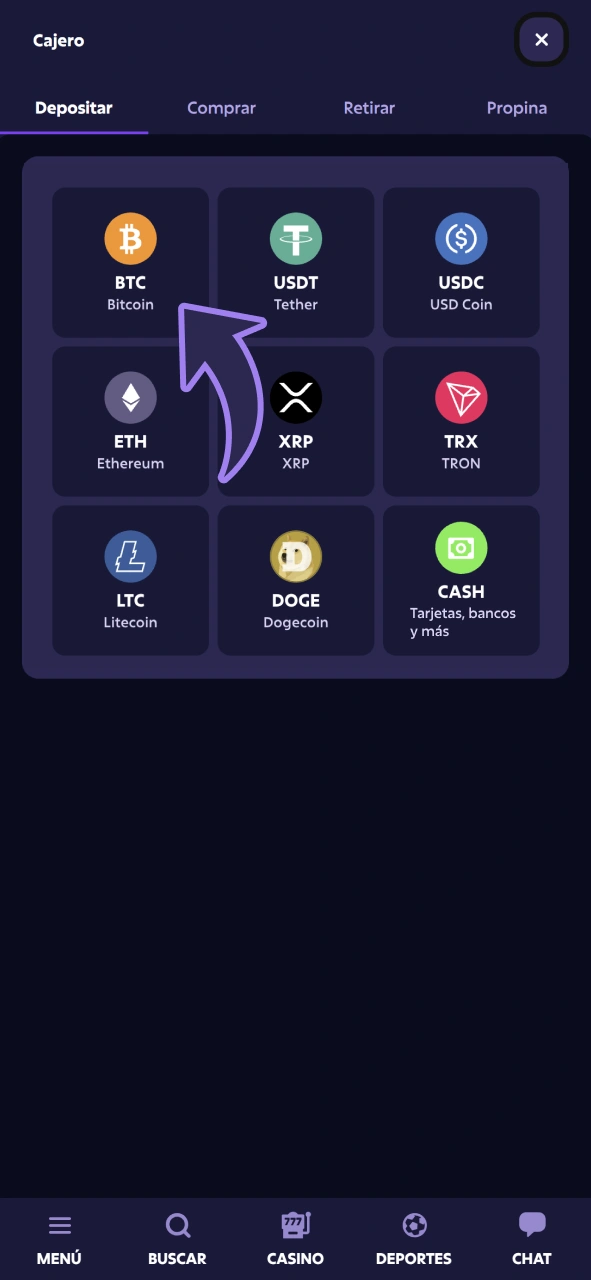 Realiza tu primer depósito para empezar a jugar y apostar en Roobet.