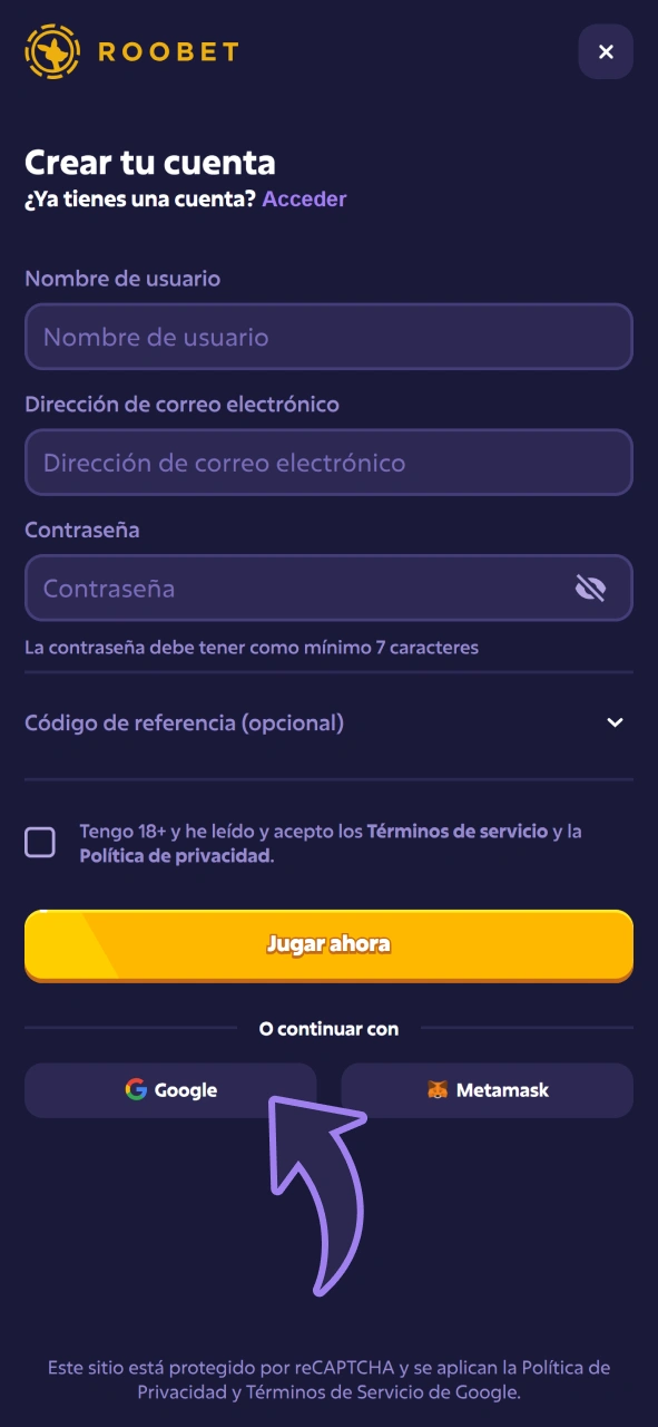 Selecciona el método con el que deseas crear tu cuenta de Roobet.