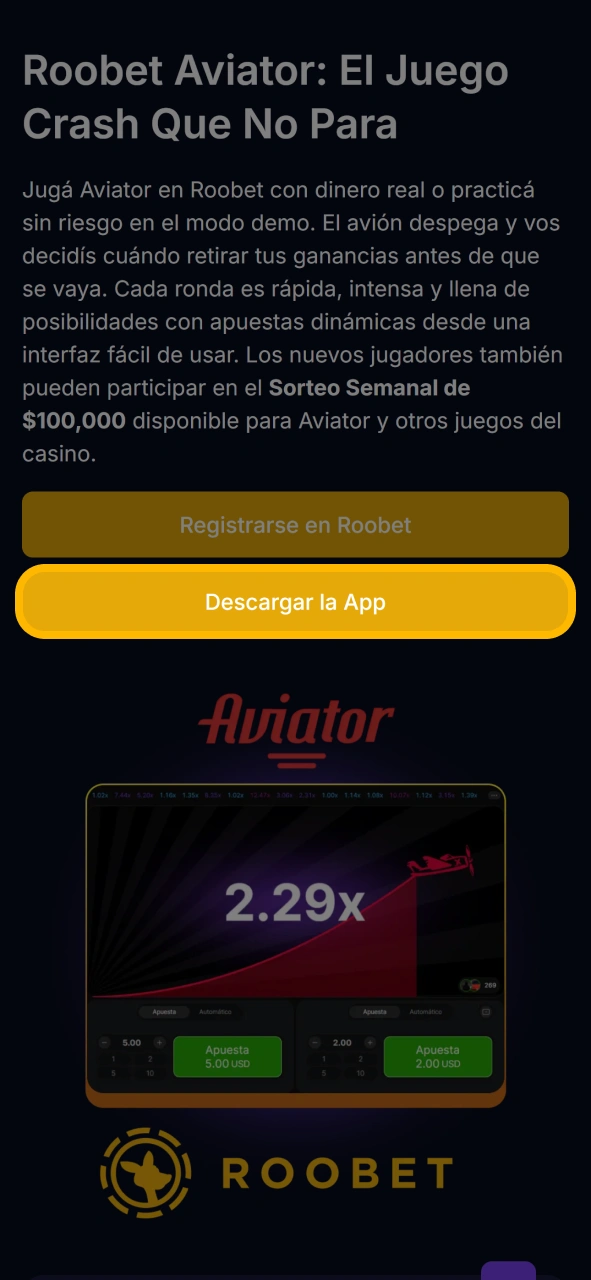 Abre Roobet con este botón para obtener la aplicación oficial de Android y jugar a Aviator.