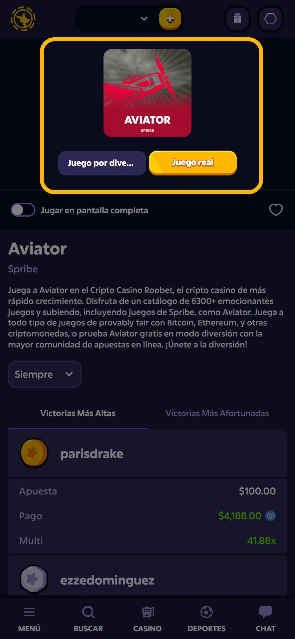 Inicia sesión y empieza a jugar a Aviator en la aplicación de Android de Roobet.
