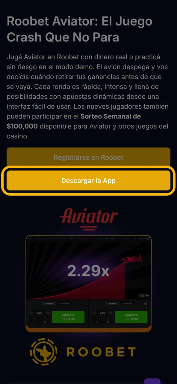 Haz clic en este botón para obtener la aplicación de Roobet Aviator para iOS.
