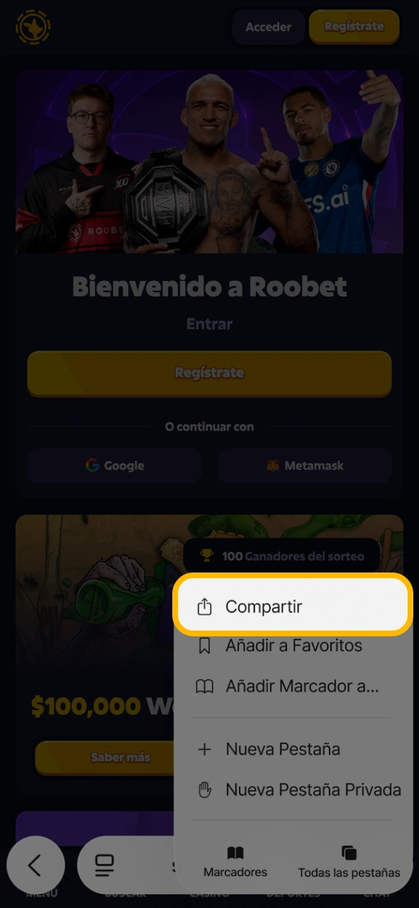 Presione Compartir para la aplicación Roobet Aviator para iOS.