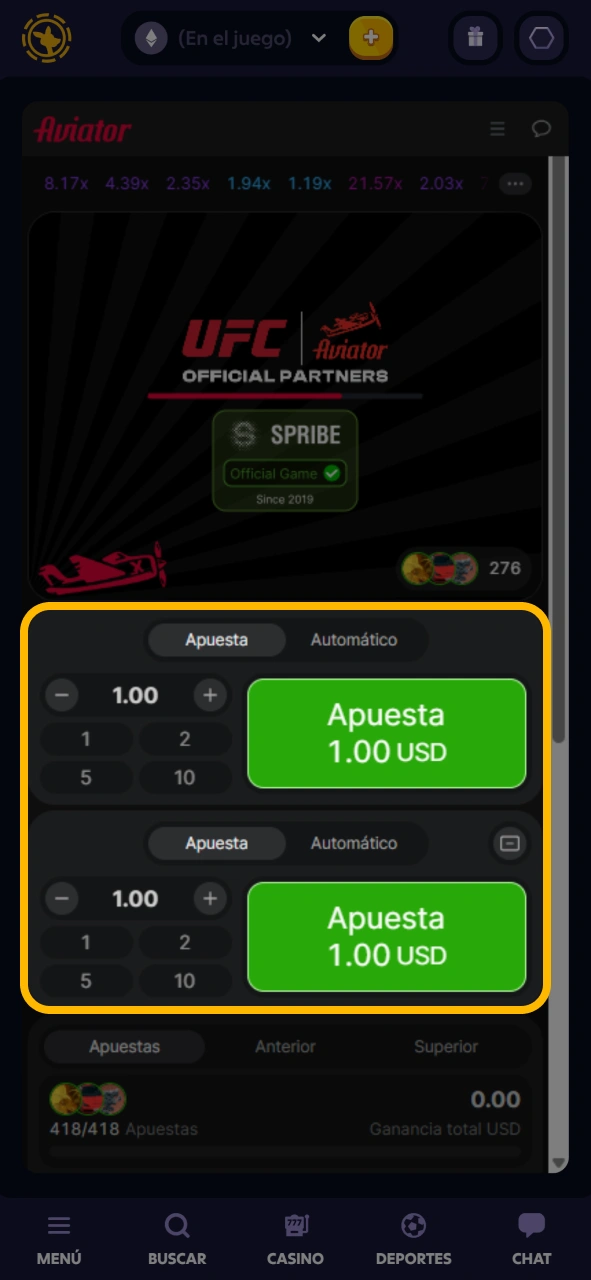 Realiza tus apuestas en el juego Aviator del casino Roobet.