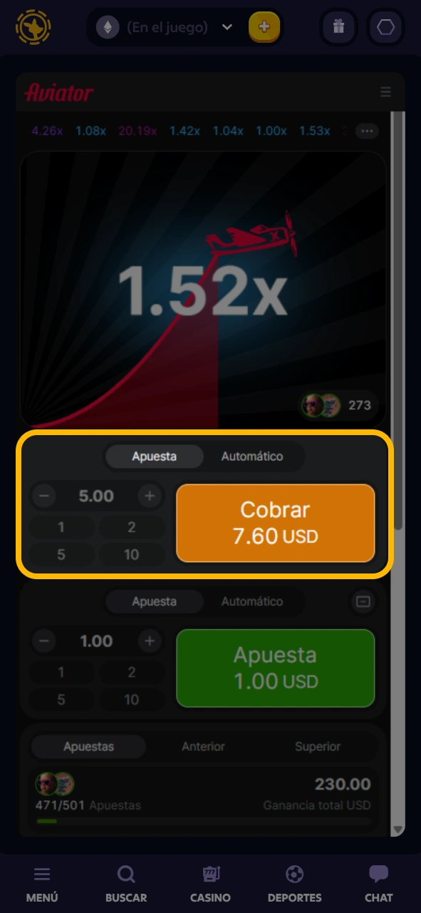 Pulsa este botón a tiempo para ganar en Roobet Aviator.
