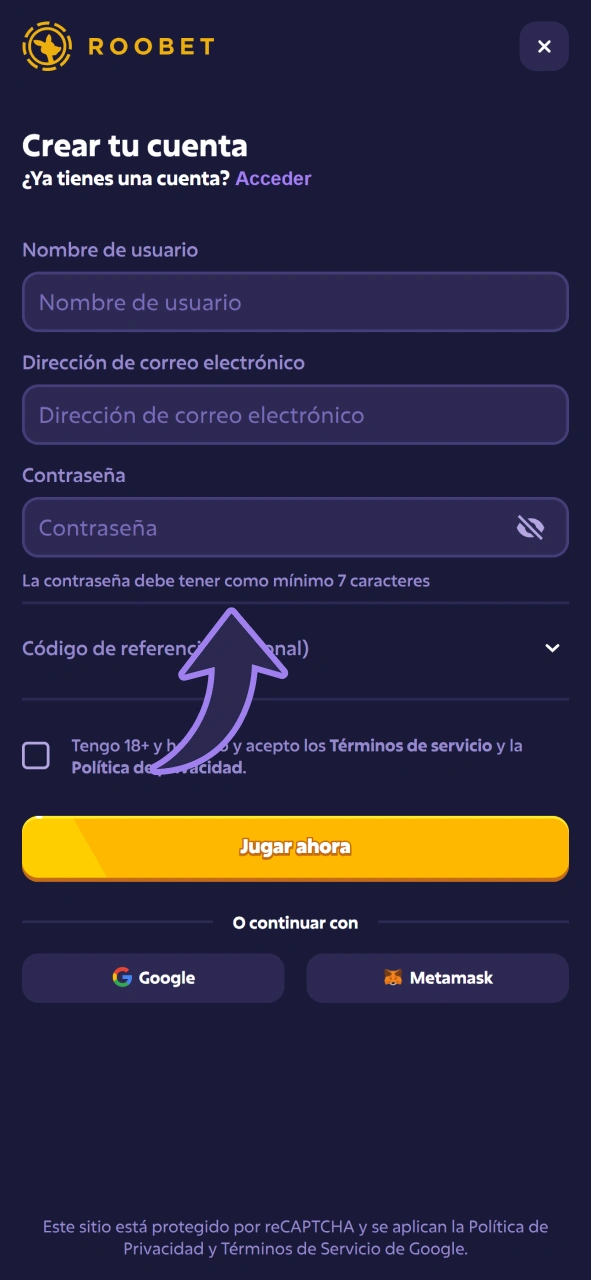 Crea una cuenta en Roobet y obtén un bono de bienvenida.