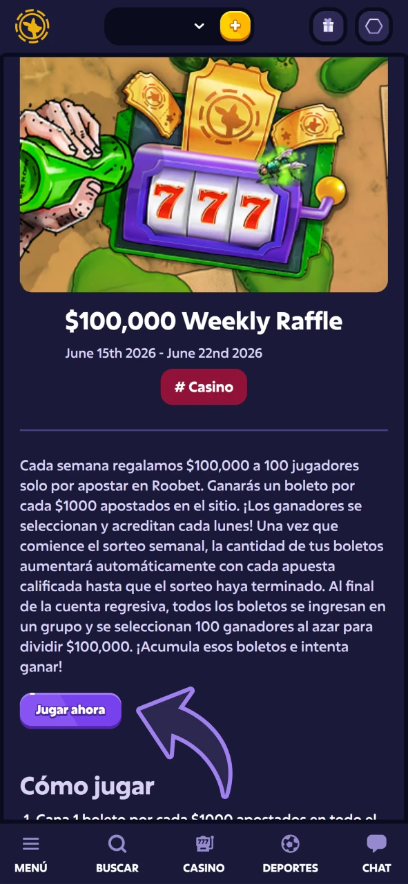 Lee los términos y condiciones del bono de bienvenida de Roobet y pulsa el botón de reproducción para obtenerlo.