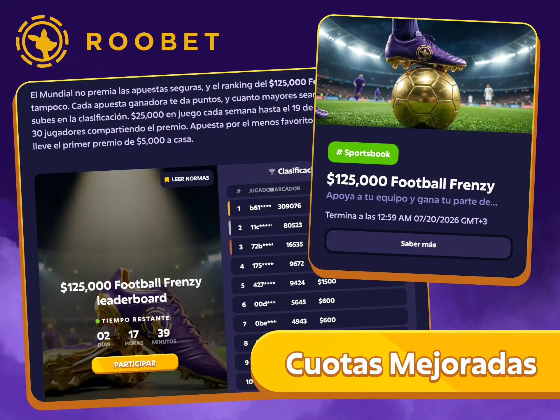 Consigue cuotas mejoradas en eventos seleccionados al apostar en la sección deportiva de Roobet.