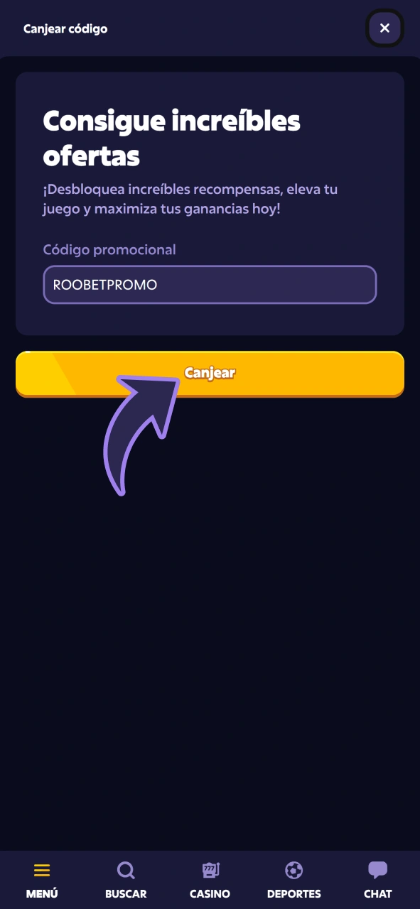 Active el código de promoción para obtener el bono Roobet.