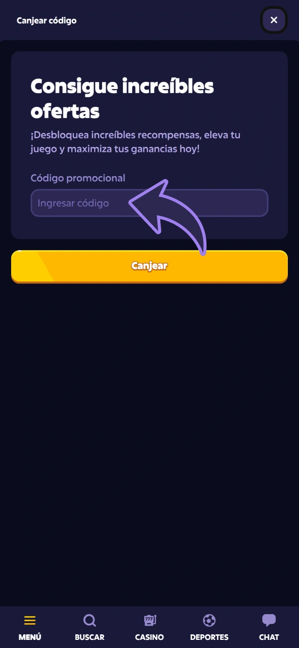 Introduce el código promocional en este campo del casino Roobet.