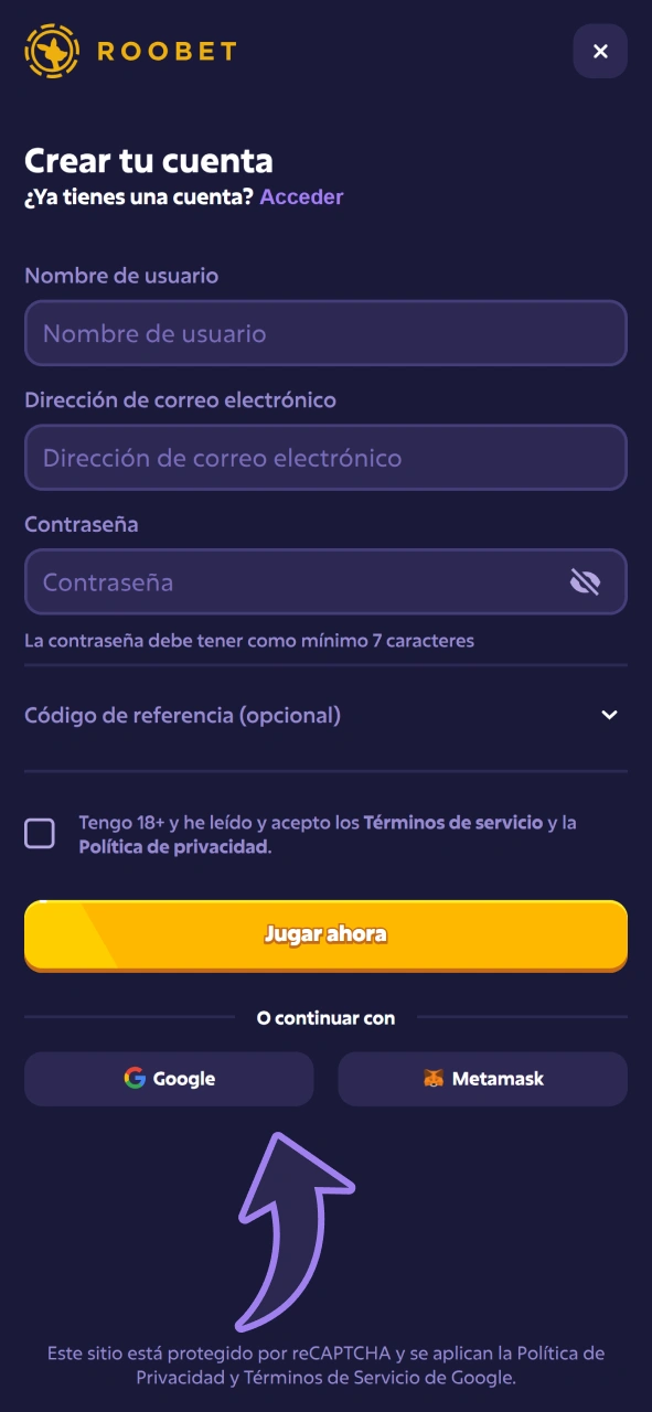 Regístrate en Roobet para empezar a usar los bonos.