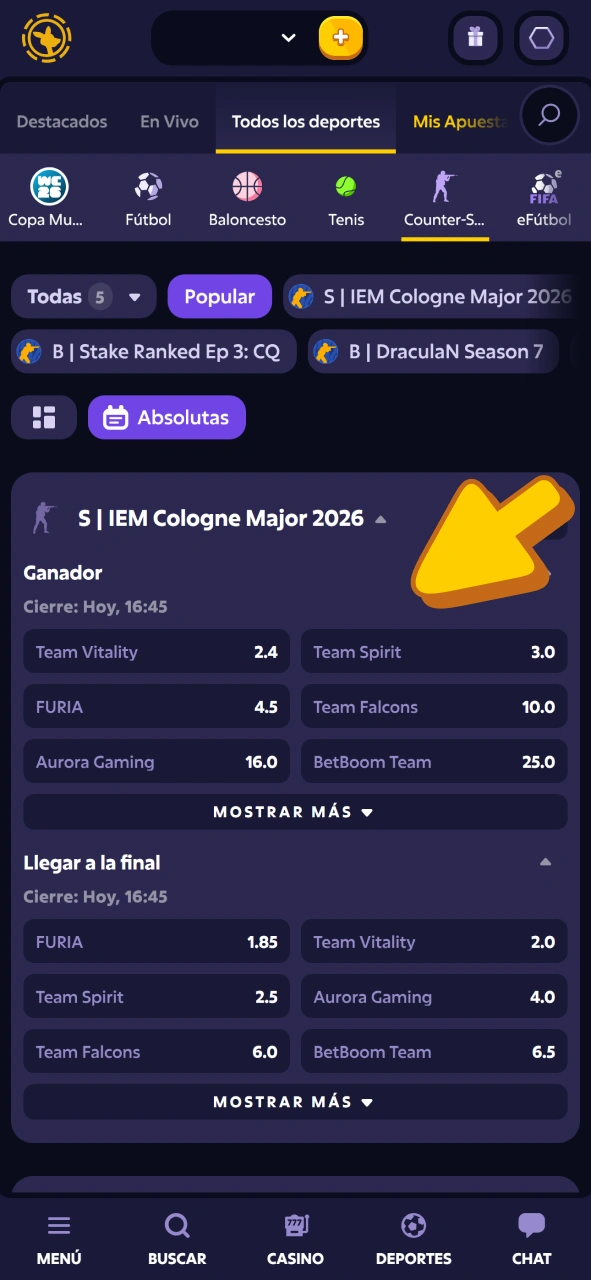 Encuentra torneos de CS2 en la casa de apuestas Roobet y empieza a apostar.