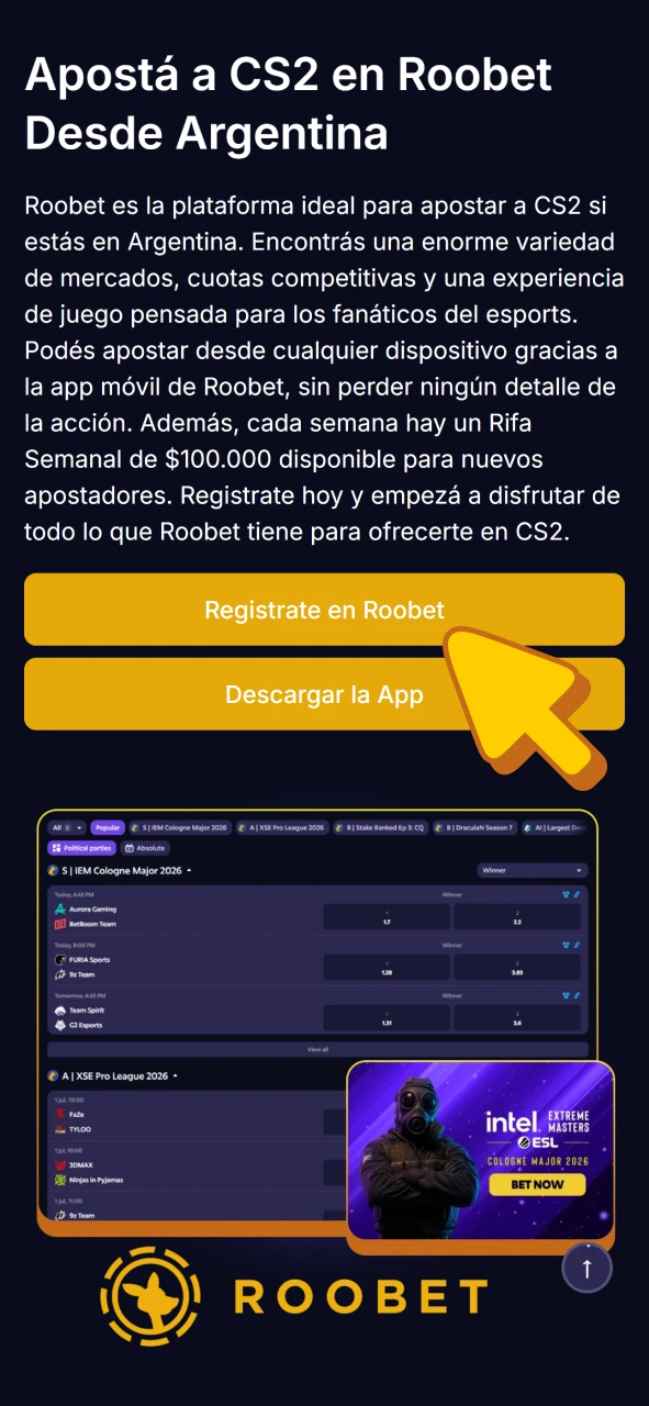 Haz clic en este botón para unirte a Roobet y apostar en CS2.