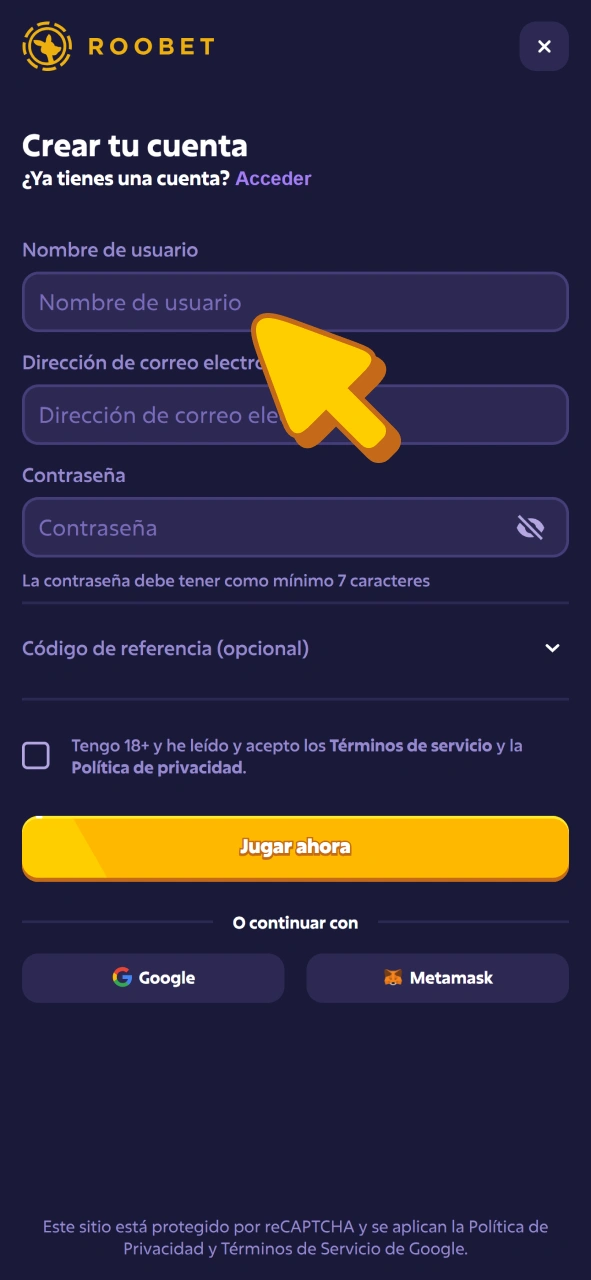 Rellena el formulario de registro de Roobet para empezar a apostar en torneos de CS2.