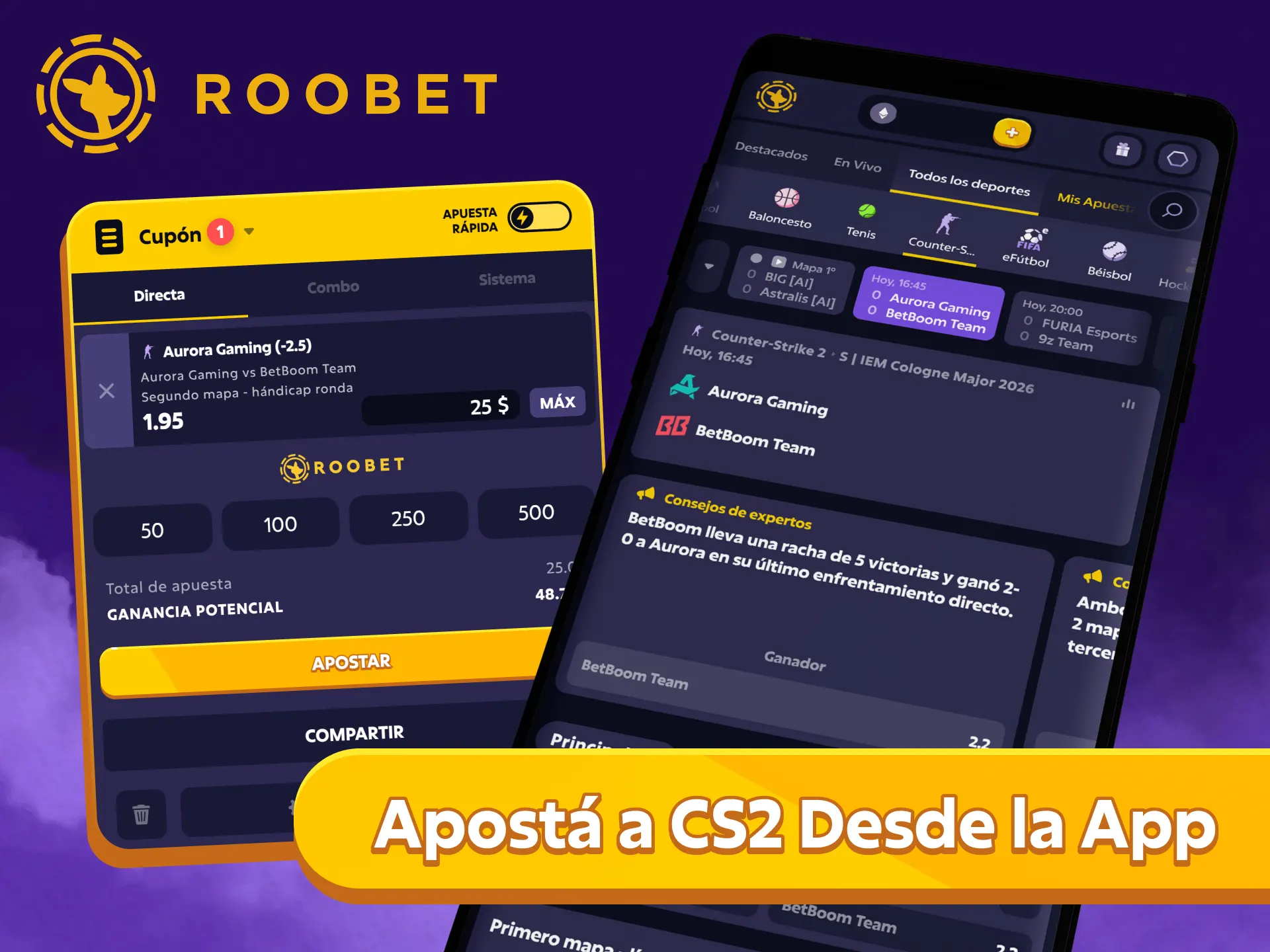 Descarga la App de Roobet y realiza apuestas de CS2 desde el celular.