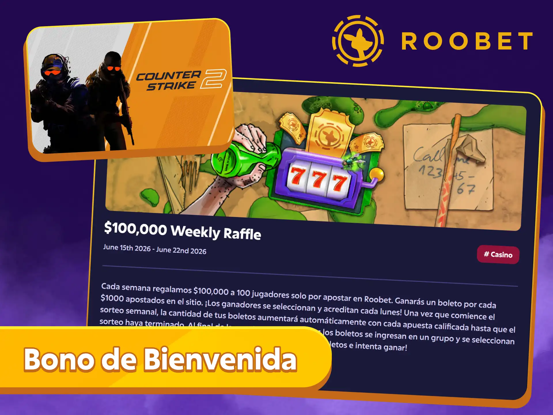 Reclama los bonos de bienvenida para tus apuestas de CS2 en Roobet Argentina.