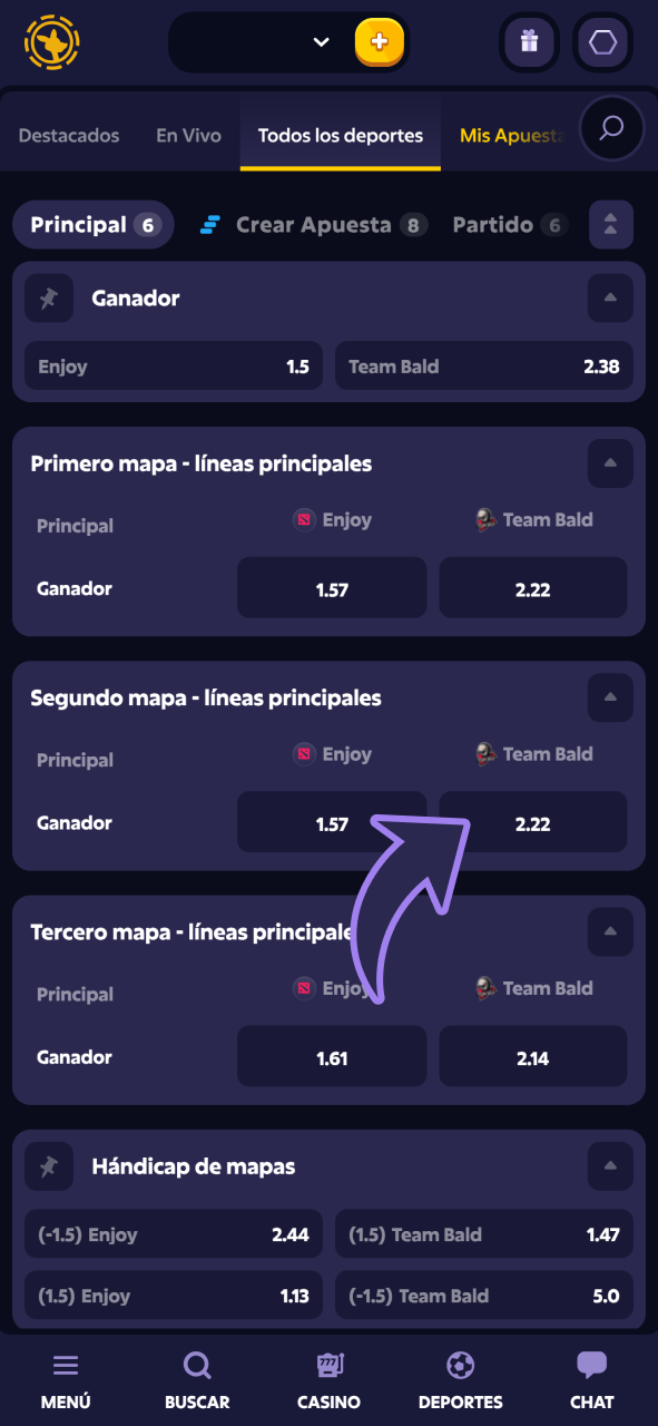Selecciona el partido de Dota 2 y el mercado en el que quieres apostar en Roobet.