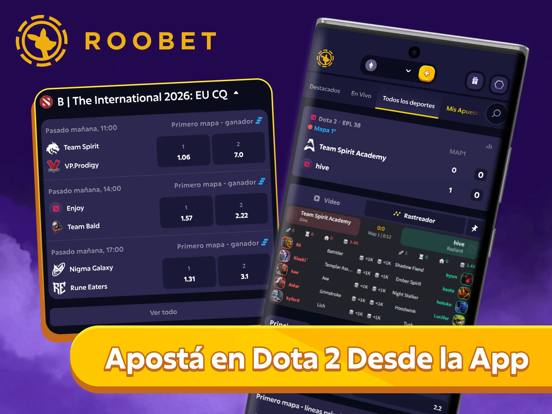 Realiza tus apuestas en partidos de Dota 2 online con la aplicación Roobet.