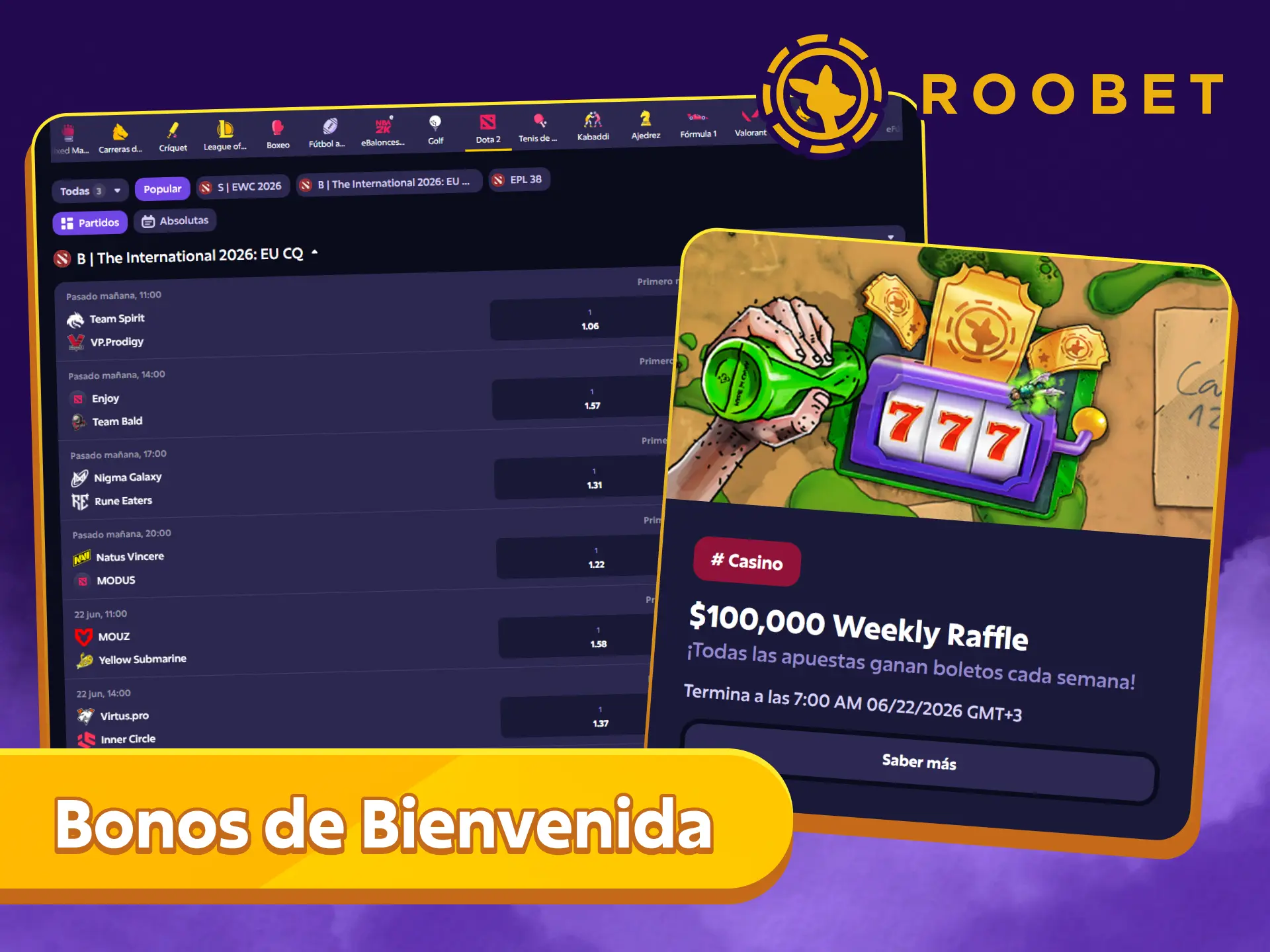 Obtén un bono de bienvenida para apostar en Dota 2 en la casa de apuestas Roobet.