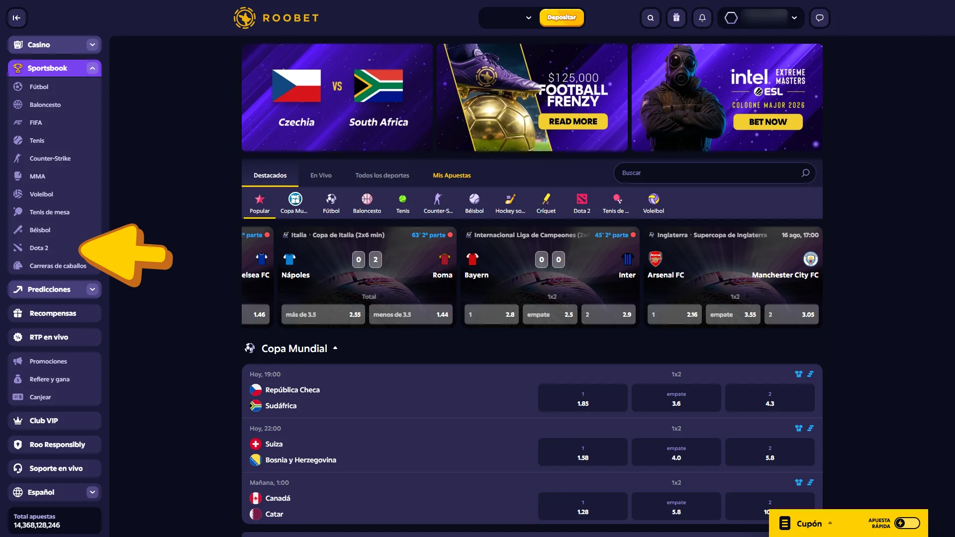 Abre cualquier juego de eSports para apostar en la casa de apuestas deportivas Roobet.