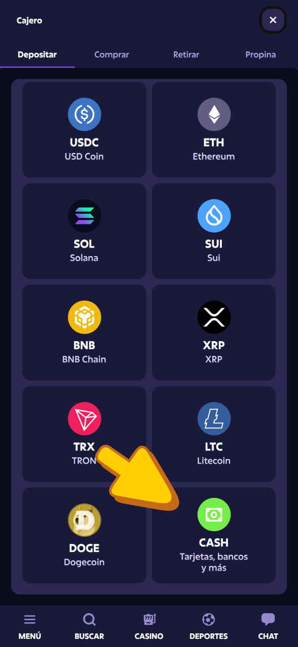 Deposita fondos para apostar en eSports a través de la aplicación Roobet.