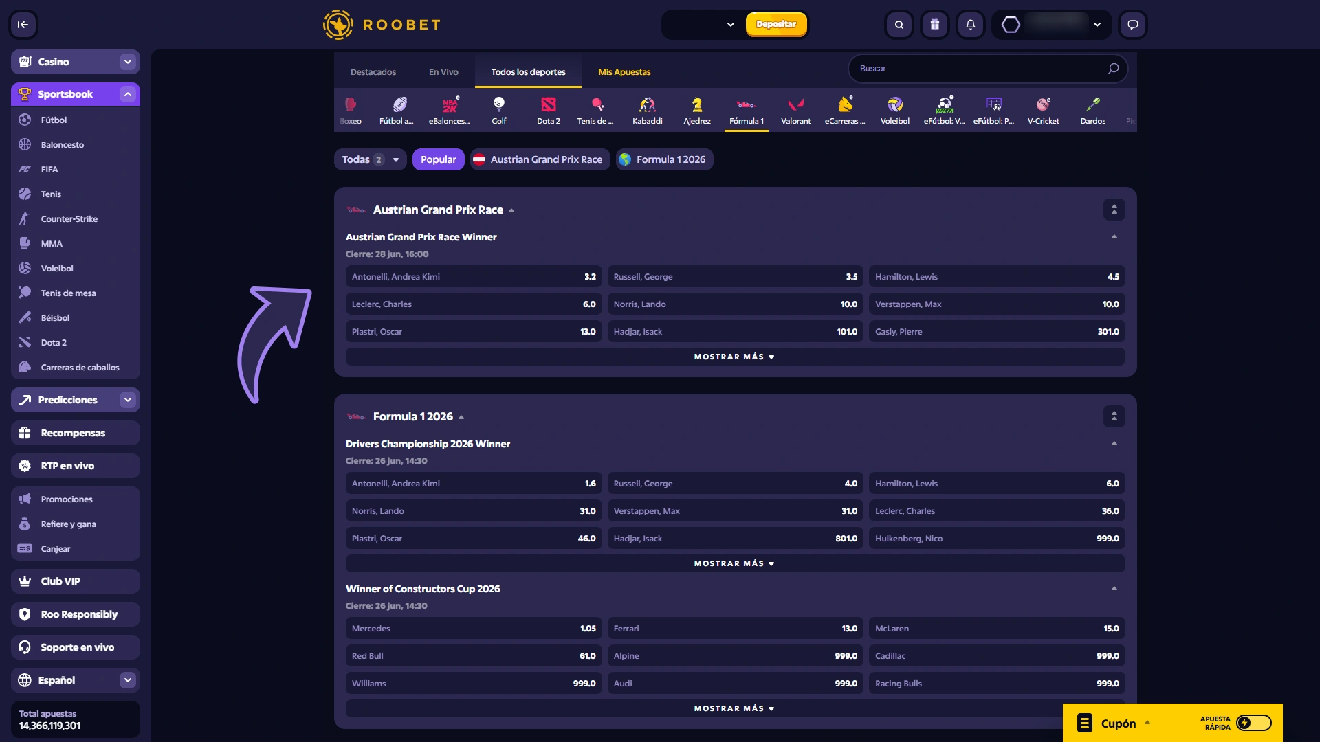Selecciona el evento de Fórmula 1 en el que quieres apostar en la casa de apuestas deportivas Roobet.
