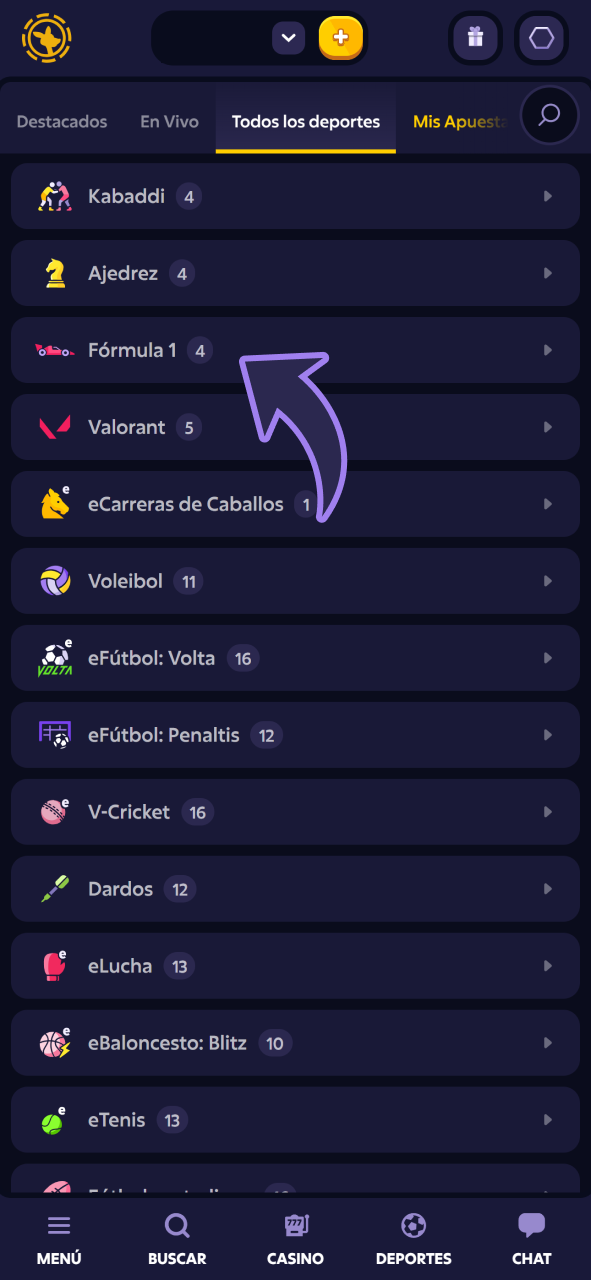 Abra la sección Fórmula 1 en la aplicación Roobet.