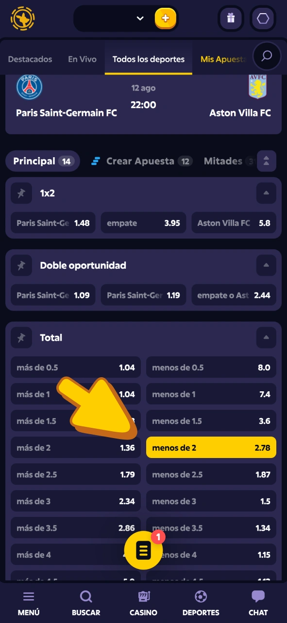 Selecciona el mercado de fútbol en el que quieres apostar en Roobet Sportsbook.