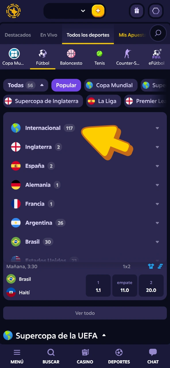Elige el partido de fútbol en el que quieras apostar en Roobet Sportsbook.