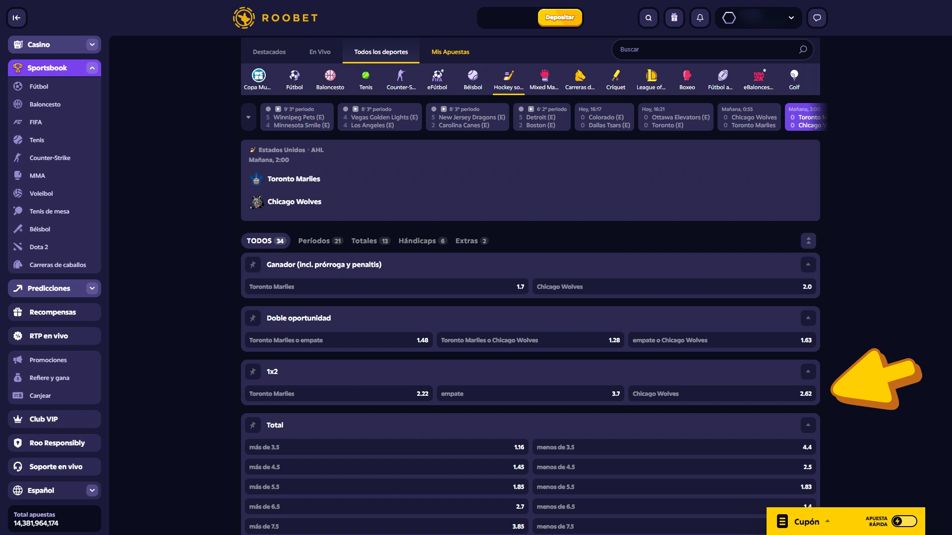 Selecciona tu apuesta de hockey en Roobet Sportsbook.