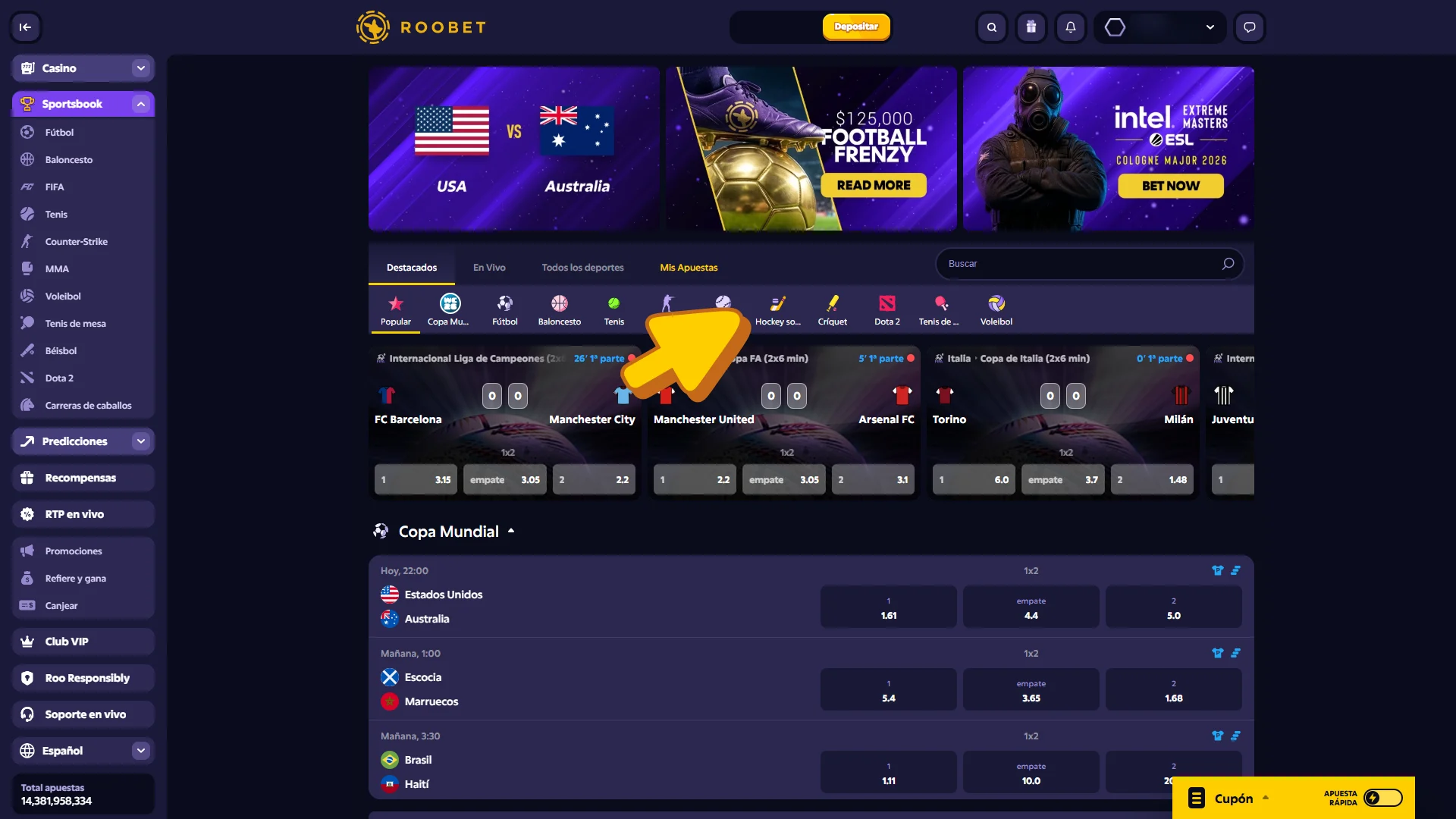 Dirígete a la sección de hockey sobre hielo en Roobet Sportsbook.