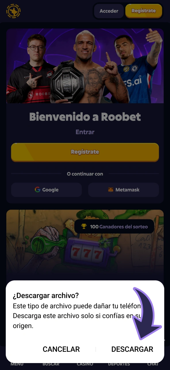 Descarga la aplicación Roobet para apostar en hockey.