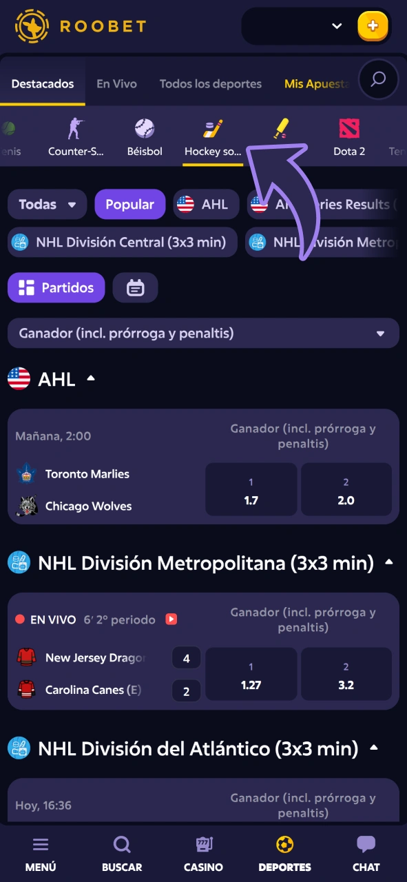 Inicia sesión y realiza tu apuesta de hockey sobre hielo en la aplicación Roobet.